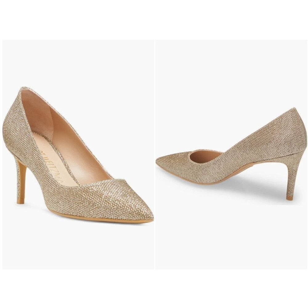 Stuart Weitzman Linsi 75 Pointed Toe Metallic Woven Pump Heels Rubber Sole NWB